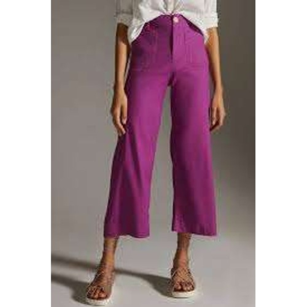 Maeve Colette European Linen Stretch Wide Leg Crop Pants Magenta Purple 8 Boho